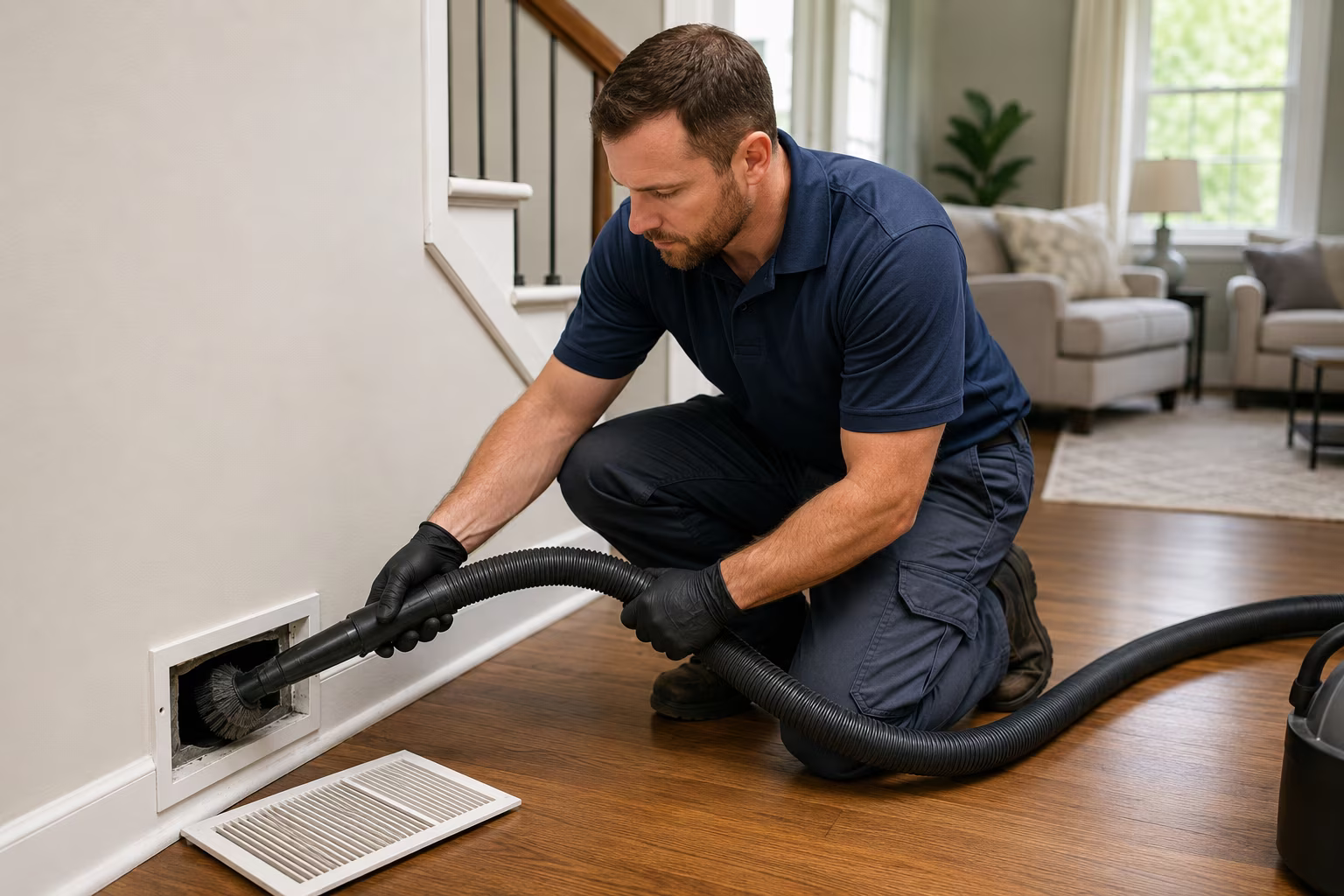 Technician cleaning a residential air duct with a vacuum brush during professional air duct cleaning service.